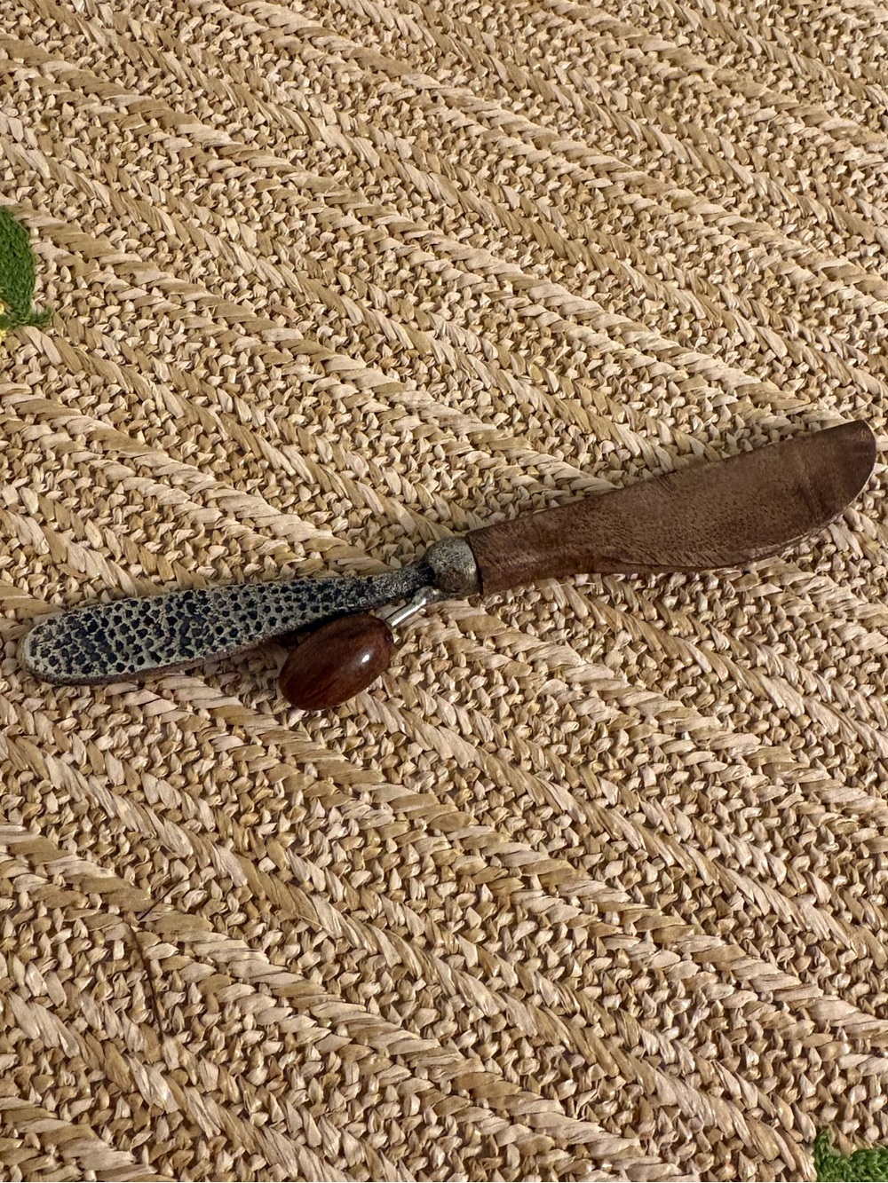 Gourmet Charcuterie Spreader Knife Olive Branch Pewter Handle Wooden Blade 7”
